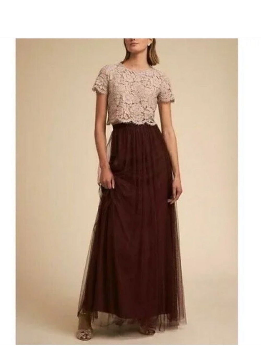 Jenny Yoo Two-Tone Lace Top and Burgundy Tulle Maxi Skirt